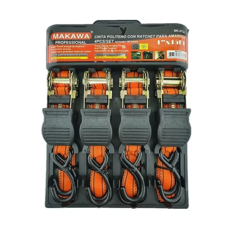 MAKAWA - Juego 4 Eslinga Cinta Amarre Con Ratchet 1 Pulgx15 Ft Makawa