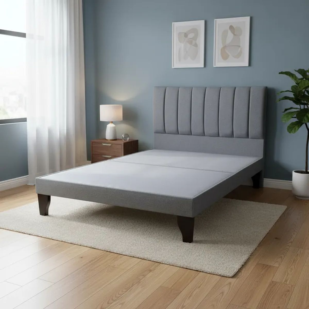 FLOBAL - Cama Europea 2 Plazas Base Dividida + Respaldo Franjas Gris