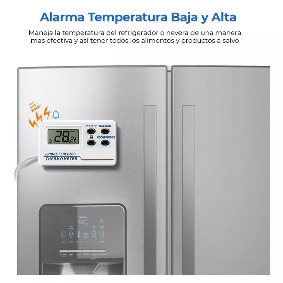 KUANGYE - Termómetro Digital Refrigerador Sonda Alarma Max Min C°f°b