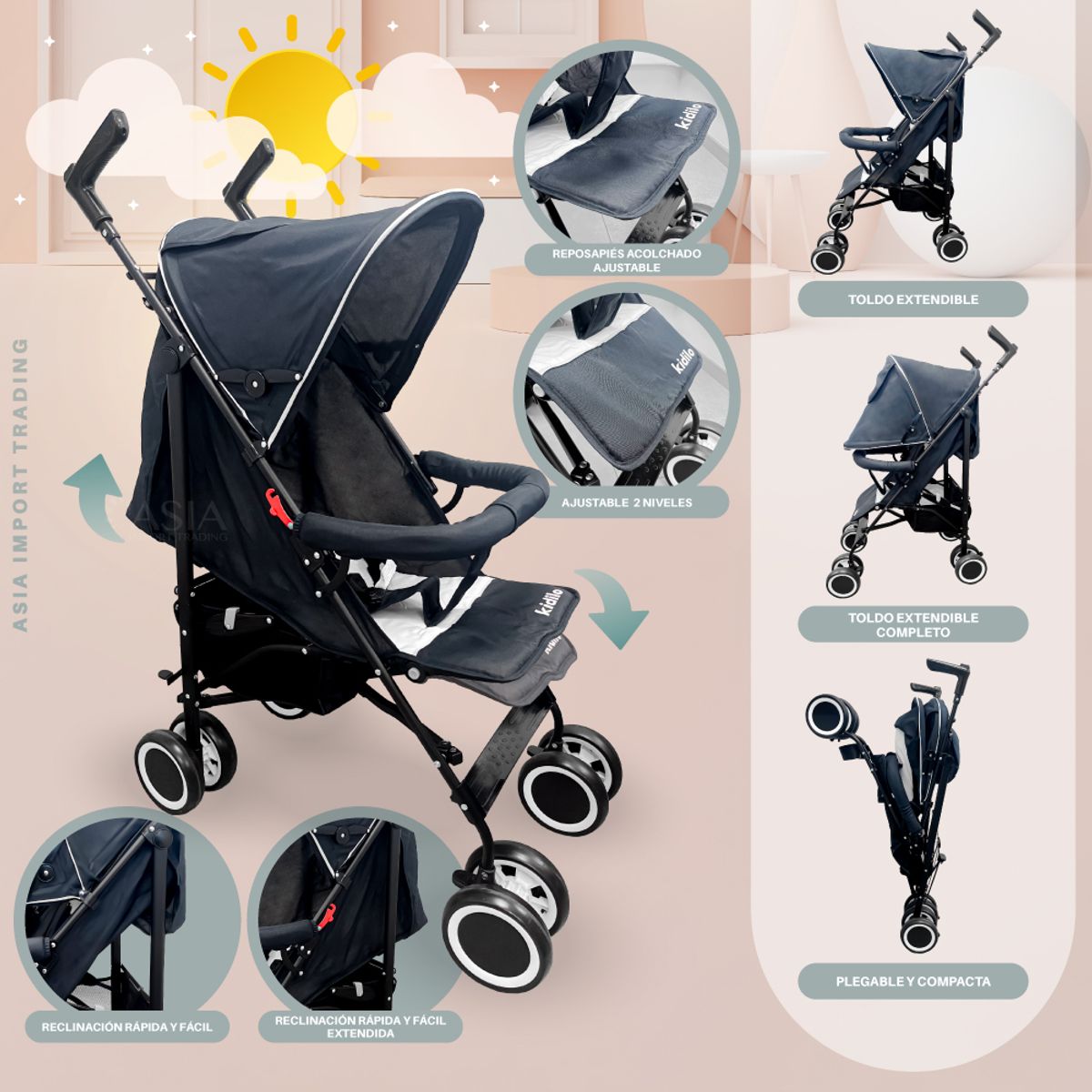 KIDSTAR - Coche Paseo Bebé Plegable Kidstar Azul Toldo Extensible
