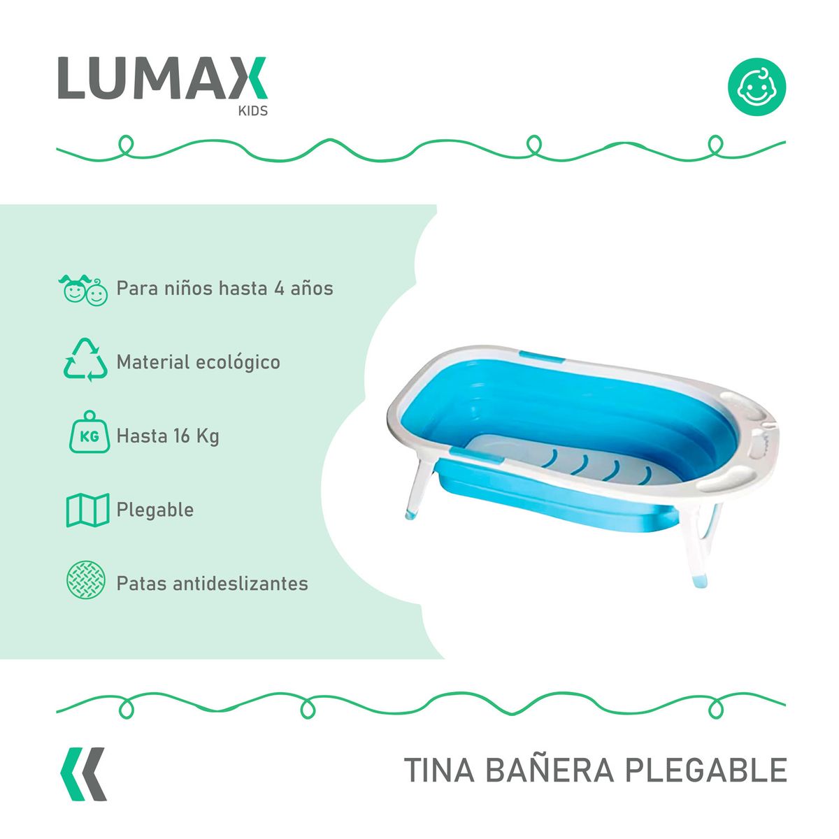 LUMAX - Tina Bañera Plegable Sin Malla Color Celeste