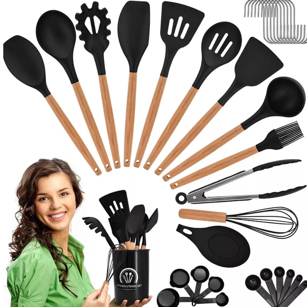 GENERICO - Set 34 Utensilios Cocina De Silicona Y Madera Antiadherentes