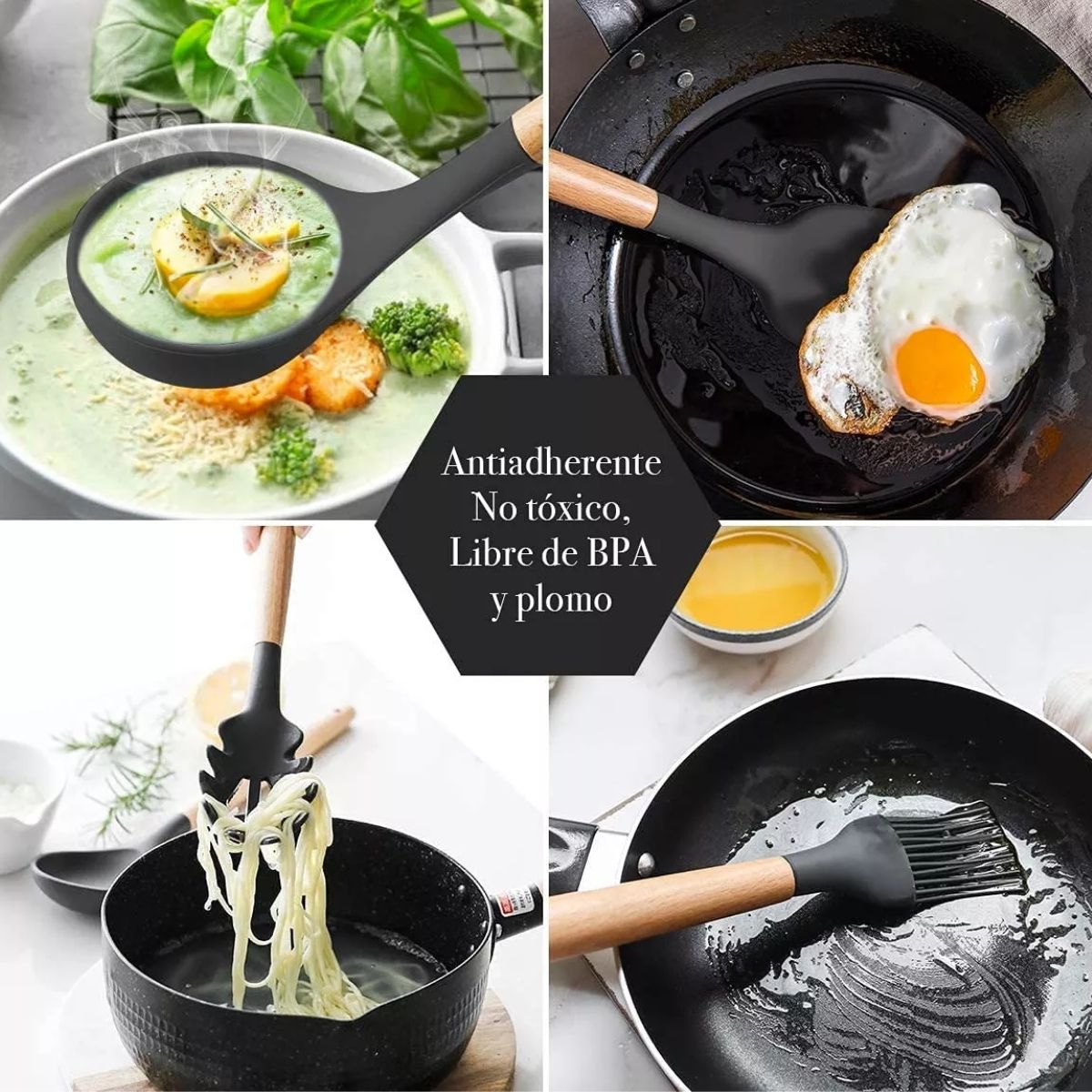 GENERICO - Set 34 Utensilios Cocina De Silicona Y Madera Antiadherentes