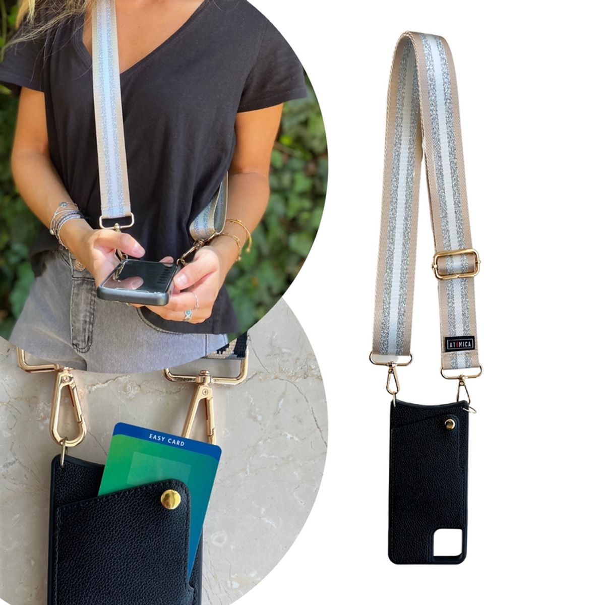 ATOMICA STRAP - Carcasa Atómica iPhone XR colgante + Correa Arcoíris Plateado