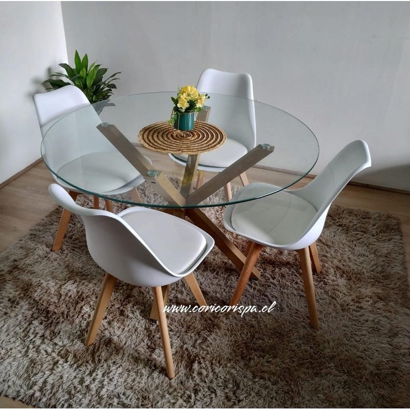 CORI CORI - Juego de Comedor Warwick Vidrio 120cm + 4 Sillas Tulip Blancas