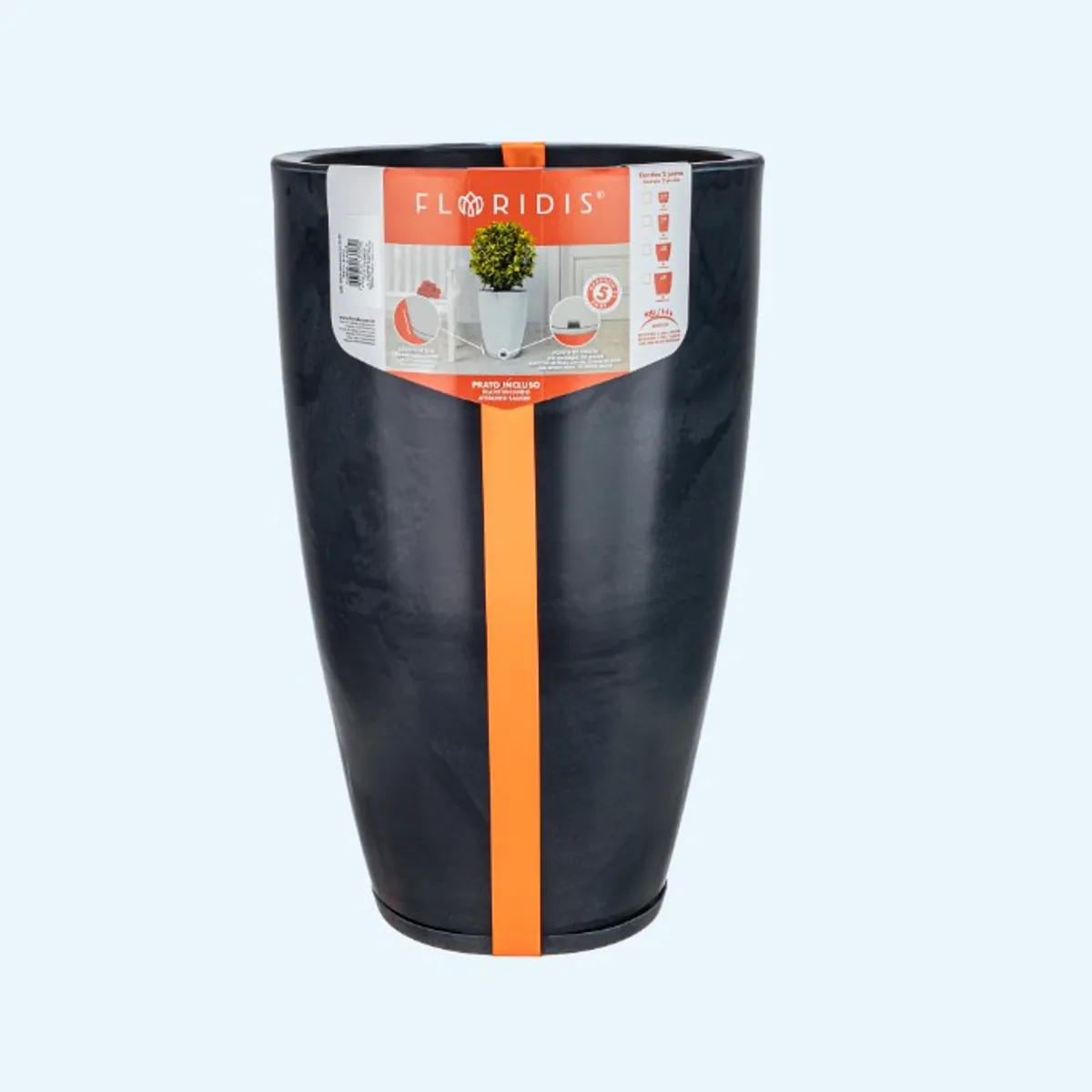 FLORIDIS - MACETERO FLORIDIS NEGRO EFECTO MARMOL AMSTERDAM 65CM ALTO CON PLATO