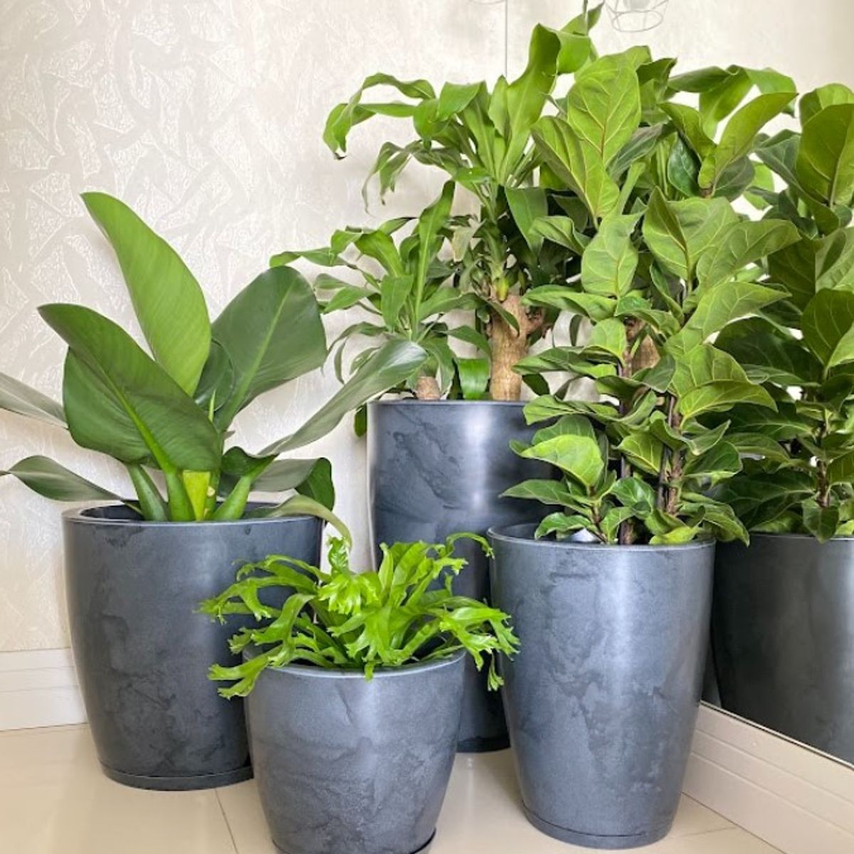 FLORIDIS - MACETERO FLORIDIS NEGRO EFECTO MARMOL AMSTERDAM 44CM ALTO CON PLATO