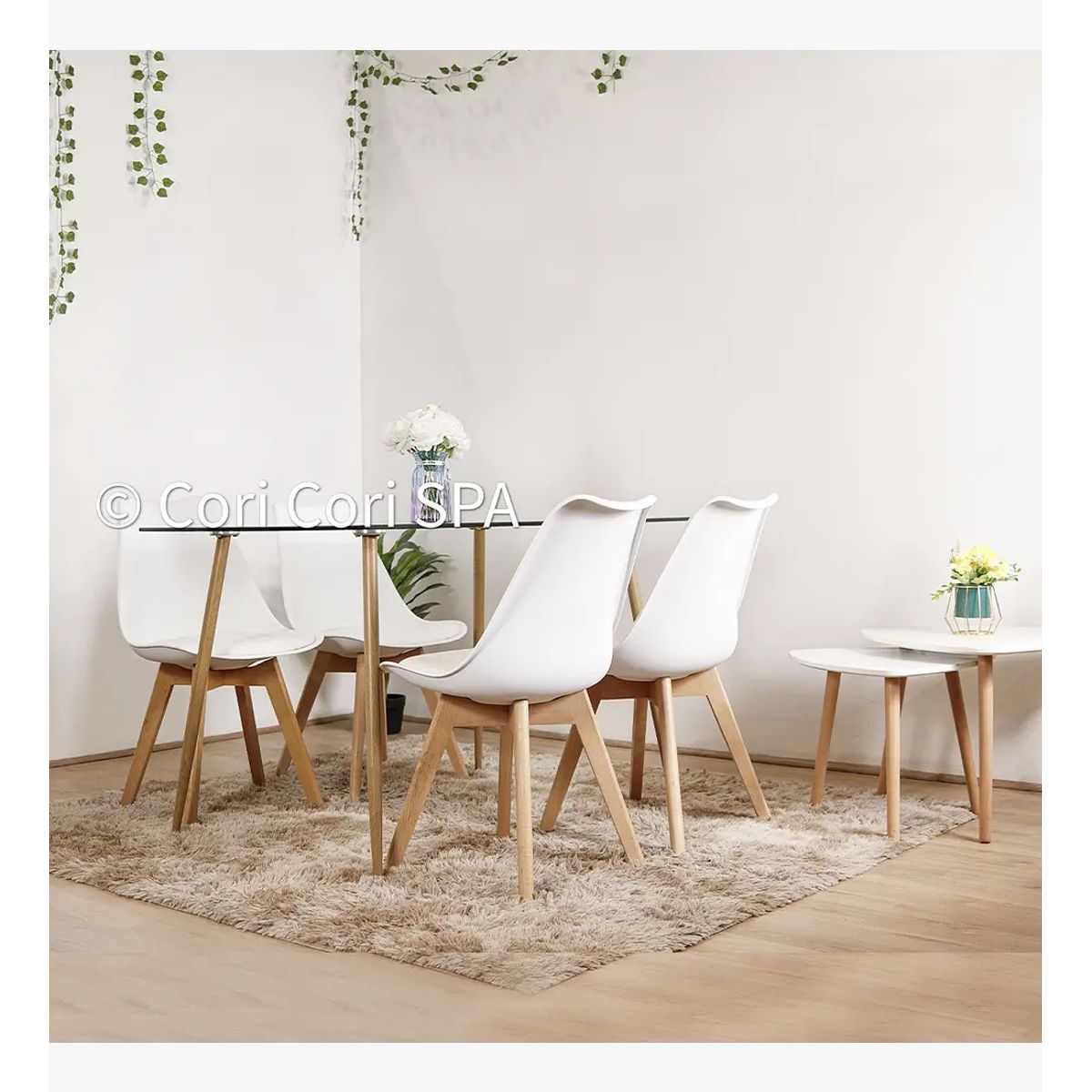 CORI CORI - Juego de Comedor Rubi 130x80cm + 4 Sillas Tulip Blanca