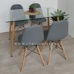 CORI CORI - Juego de Comedor Vidrio 120x 80 cm + 4 Sillas Capitonne Eames Gris