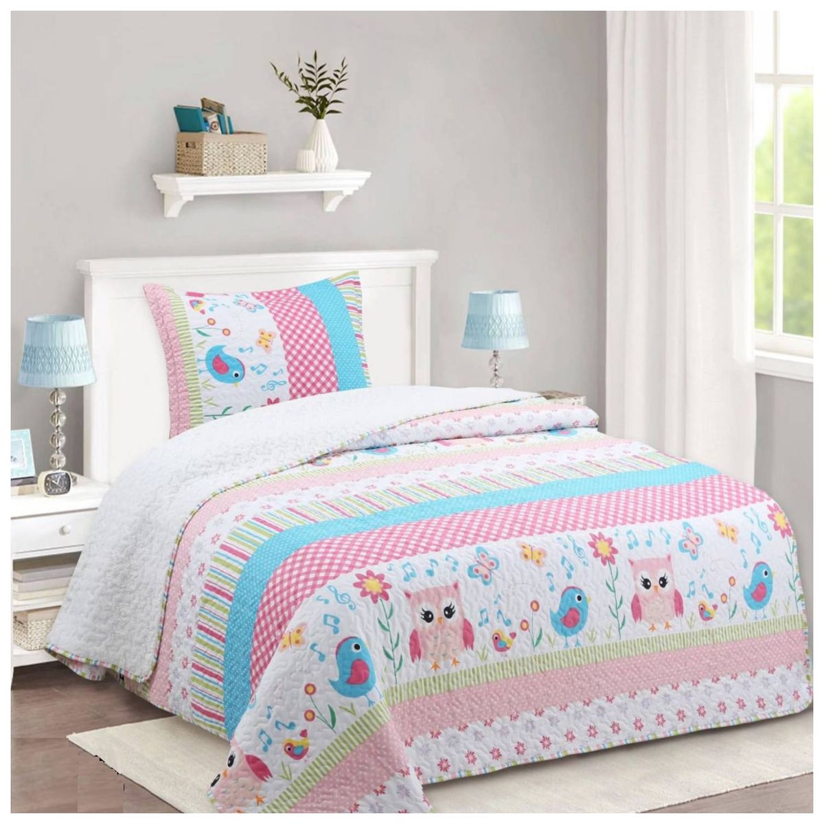 COMPRAPO - Cubrecama Quilt Infantil Sherpa 1.5 Plazas Modelo Sweet Bird y Funda