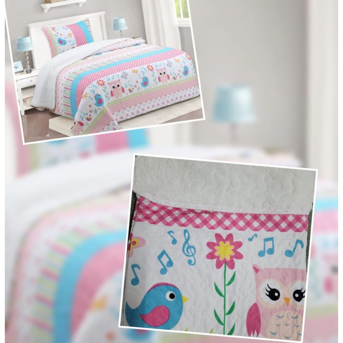 COMPRAPO - Cubrecama Quilt Infantil Sherpa 1.5 Plazas Modelo Sweet Bird y Funda