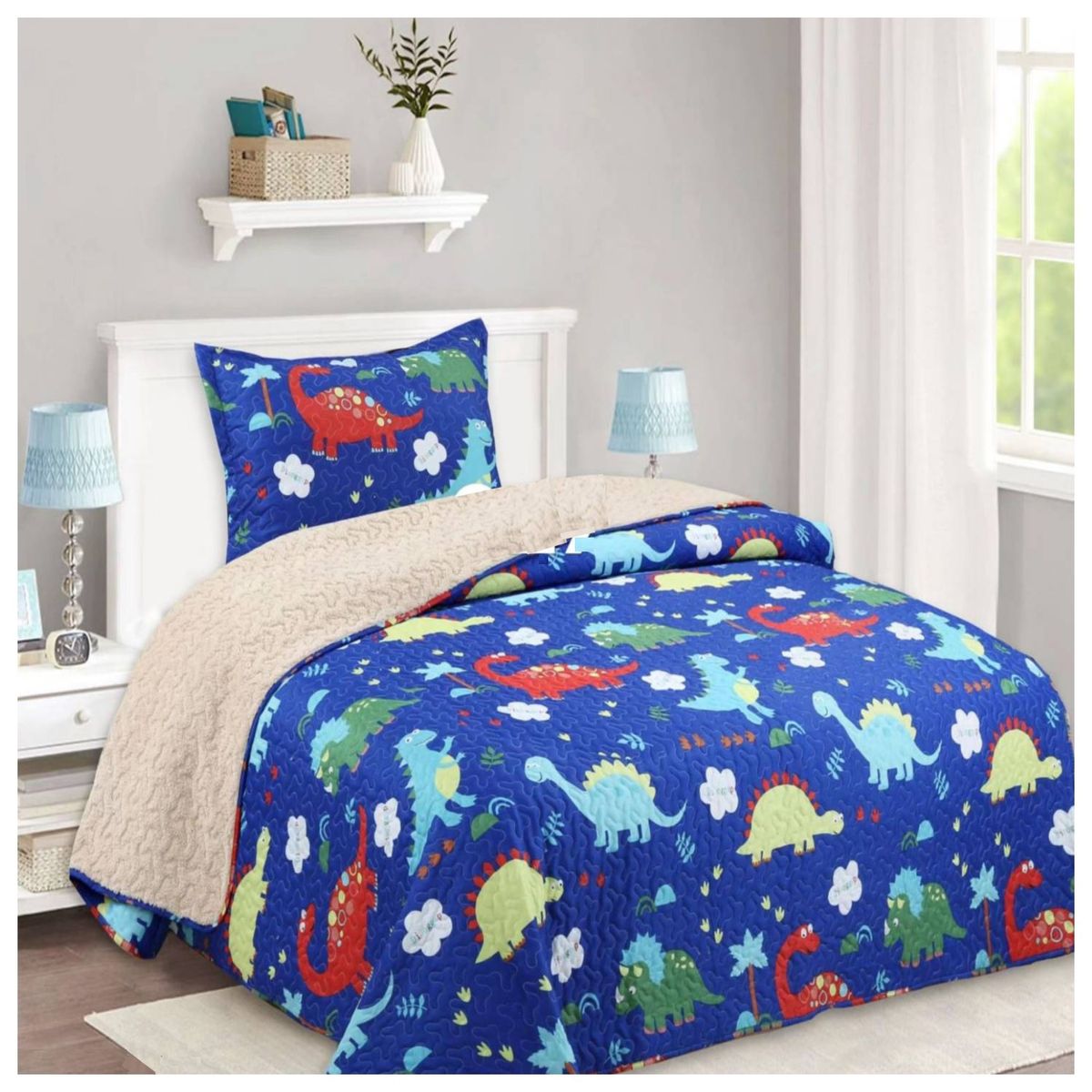 COMPRAPO - Cubrecama Quilt Infantil Sherpa 1.5 Plazas Modelo Dinosaurios y Funda