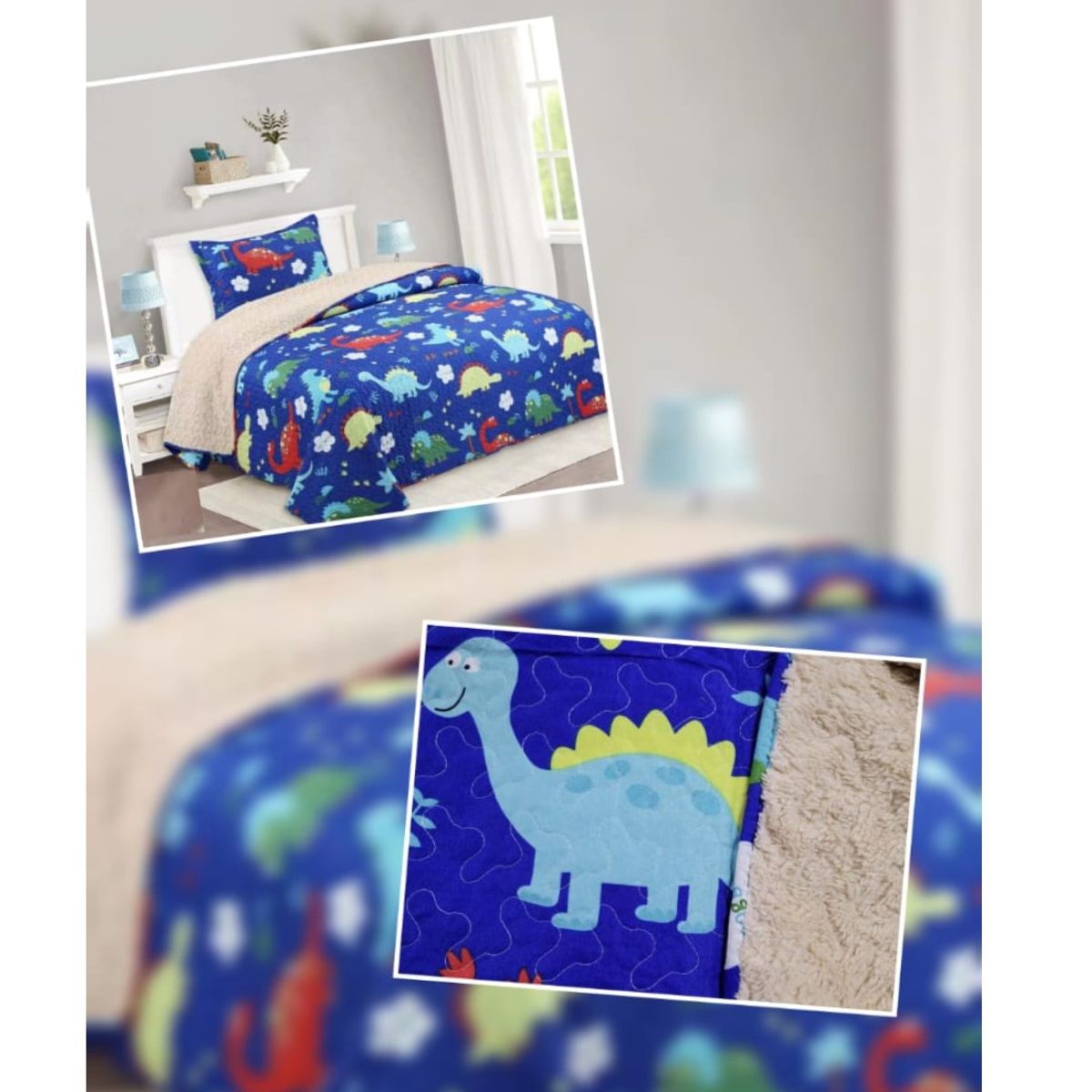 COMPRAPO - Cubrecama Quilt Infantil Sherpa 1.5 Plazas Modelo Dinosaurios y Funda