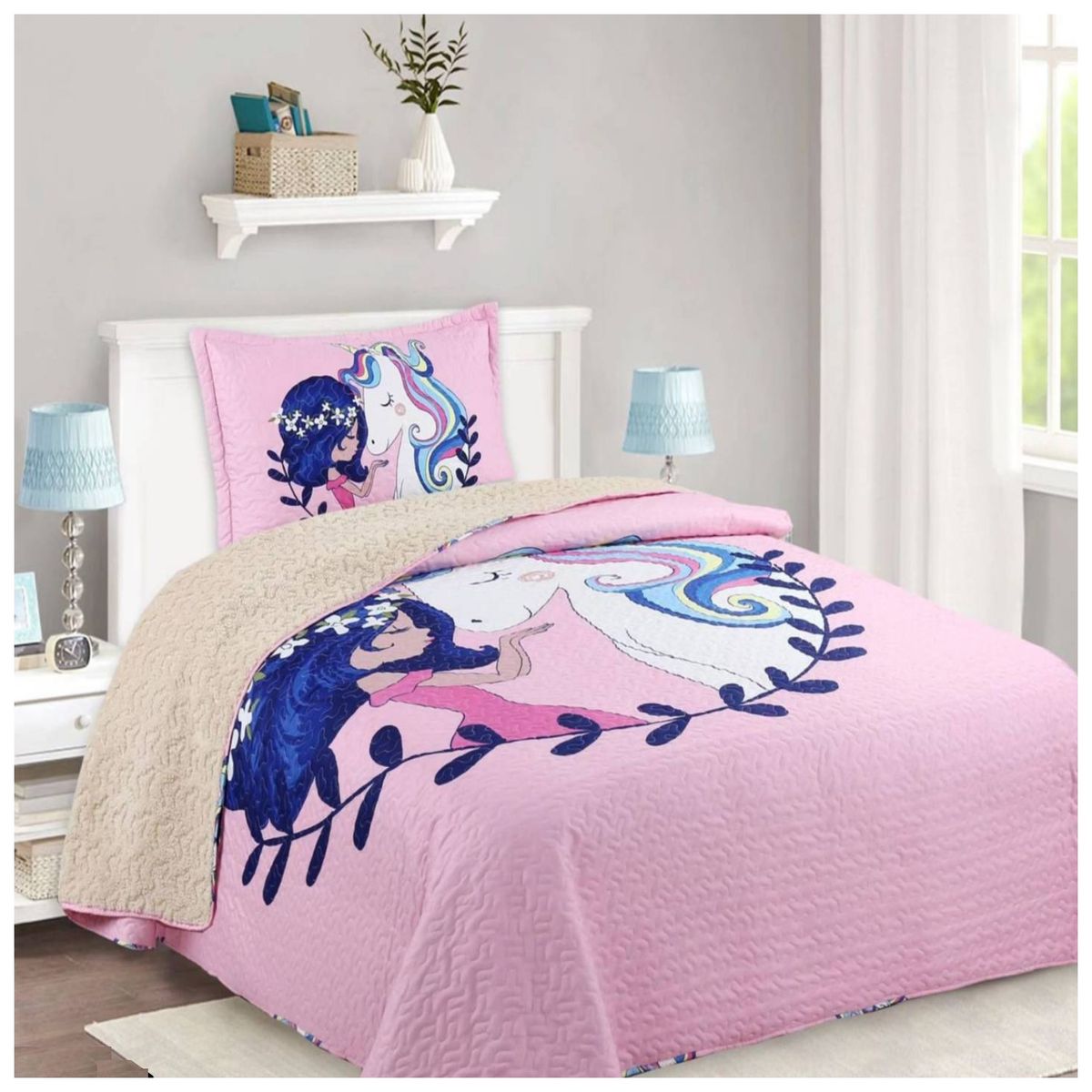 COMPRAPO - Cubrecama Quilt Infantil Sherpa 1.5 Pza. Modelo Niña y Unicornio y Funda