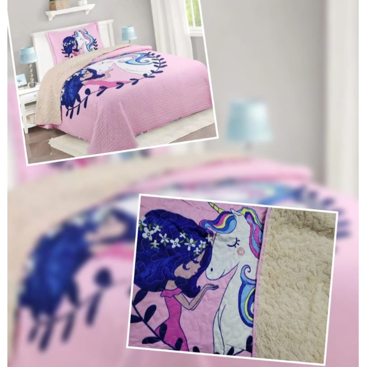 COMPRAPO - Cubrecama Quilt Infantil Sherpa 1.5 Pza. Modelo Niña y Unicornio y Funda