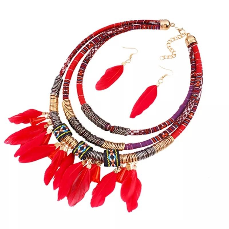 GENERICO - Juego étnico collar  aros tejido plumas