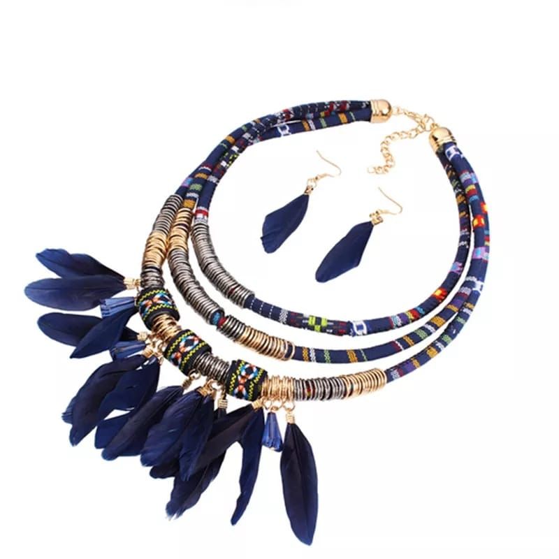 GENERICO - Juego étnico collar  aros tejido plumas