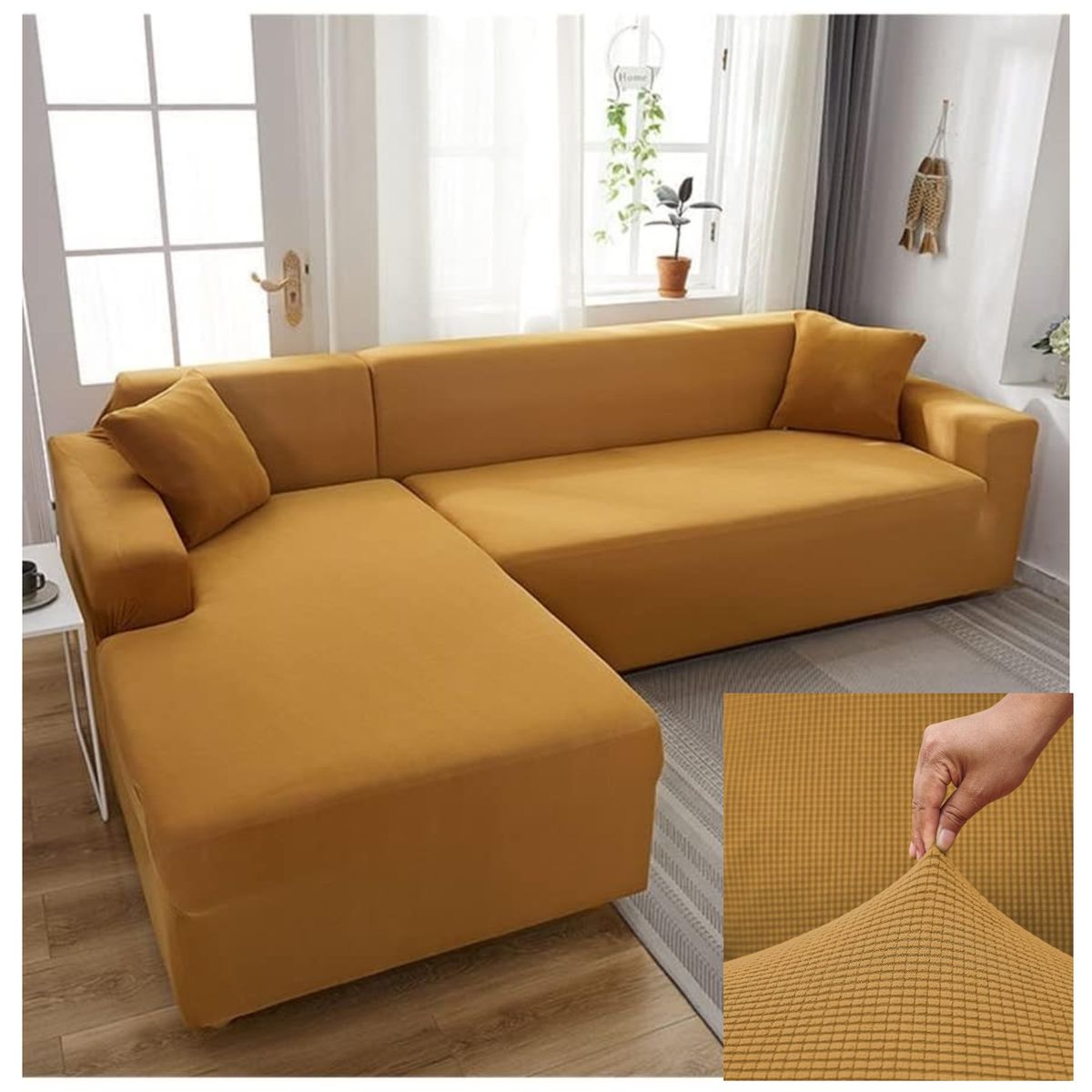 GENERICO - FUNDA CUADRILLE PROTECTORA PARA SILLON SECCIONAL TIPO L COLOR MOSTAZA