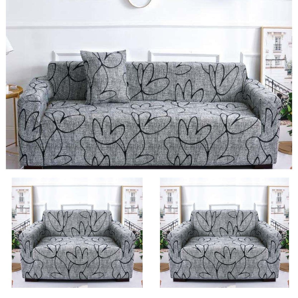 GENERICO - Juego De 3 Fundas Cubre Sillón, Tamaño 3+1+1 Diseño GRIS CON NEGRO