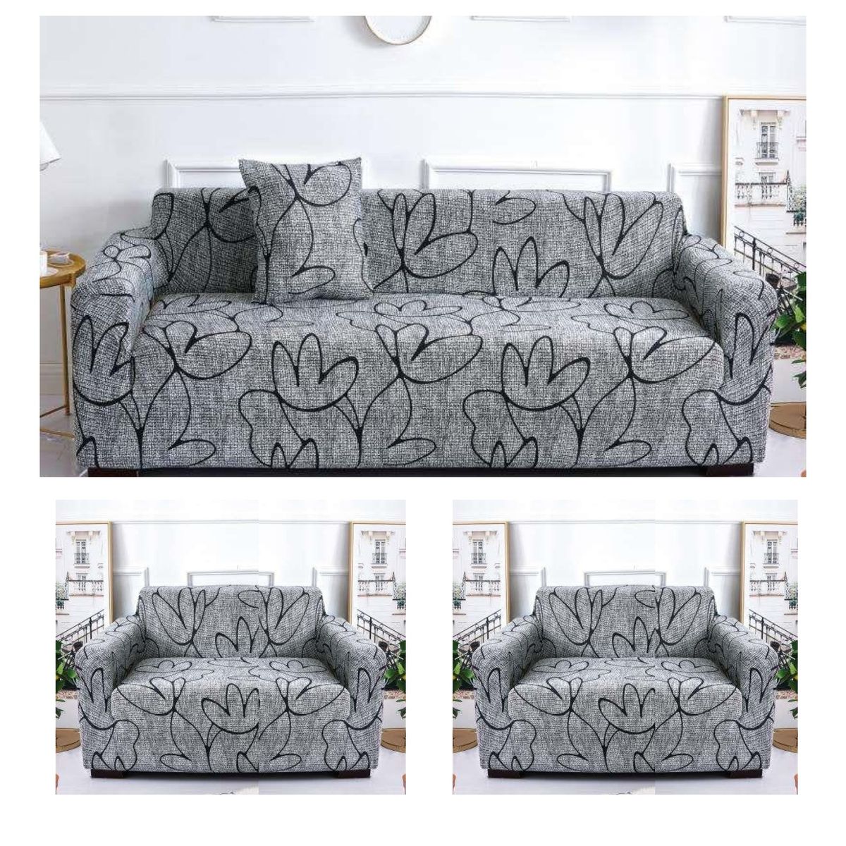GENERICO - Juego De 3 Fundas Cubre Sillón, Tamaño 3+1+1 Diseño GRIS CON NEGRO