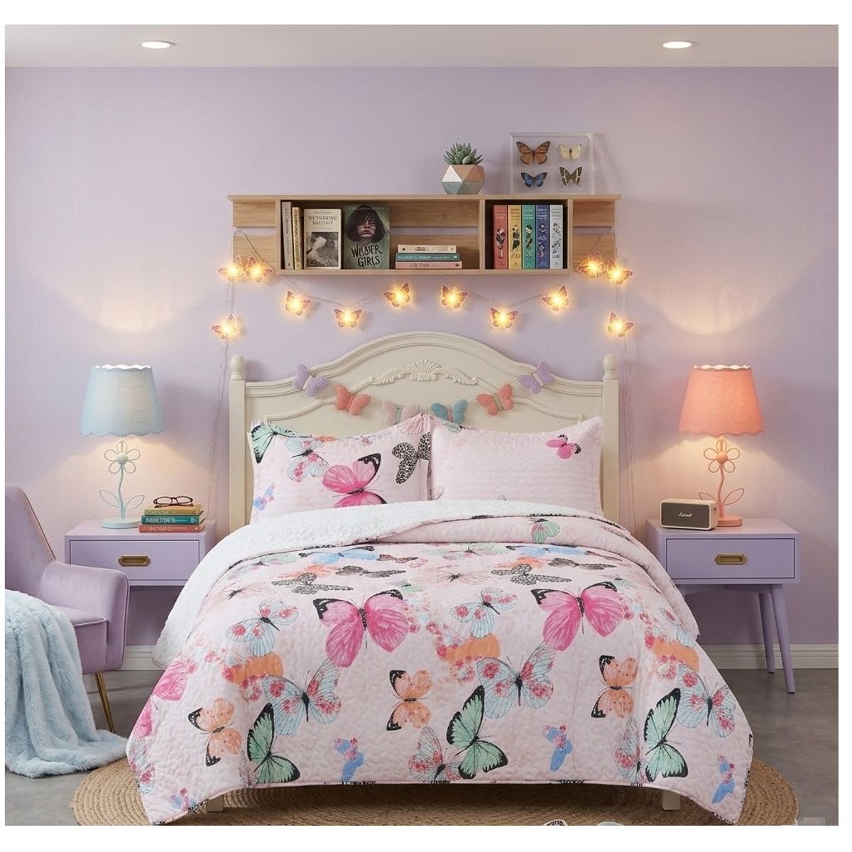 COMPRAPO - Cubrecama Quilt Infantil Sherpa 1.5 Pza. Mod. Mariposas Funda 50x70 Cm