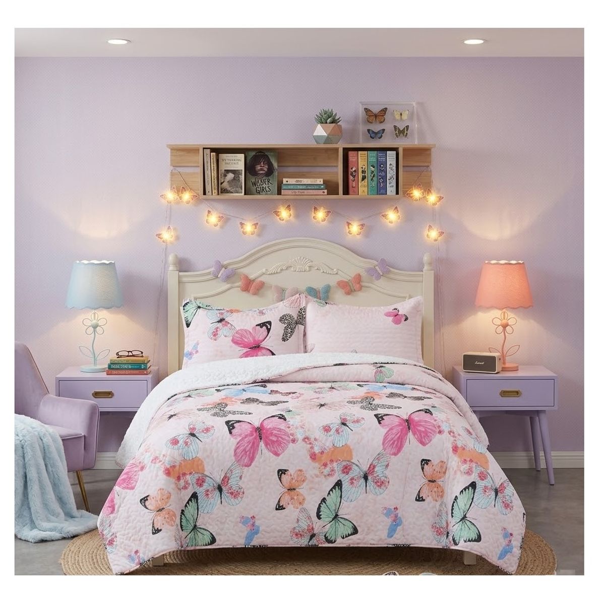 COMPRAPO - Cubrecama Quilt Infantil Sherpa 1.5 Pza. Mod. Mariposas Funda 50x70 Cm