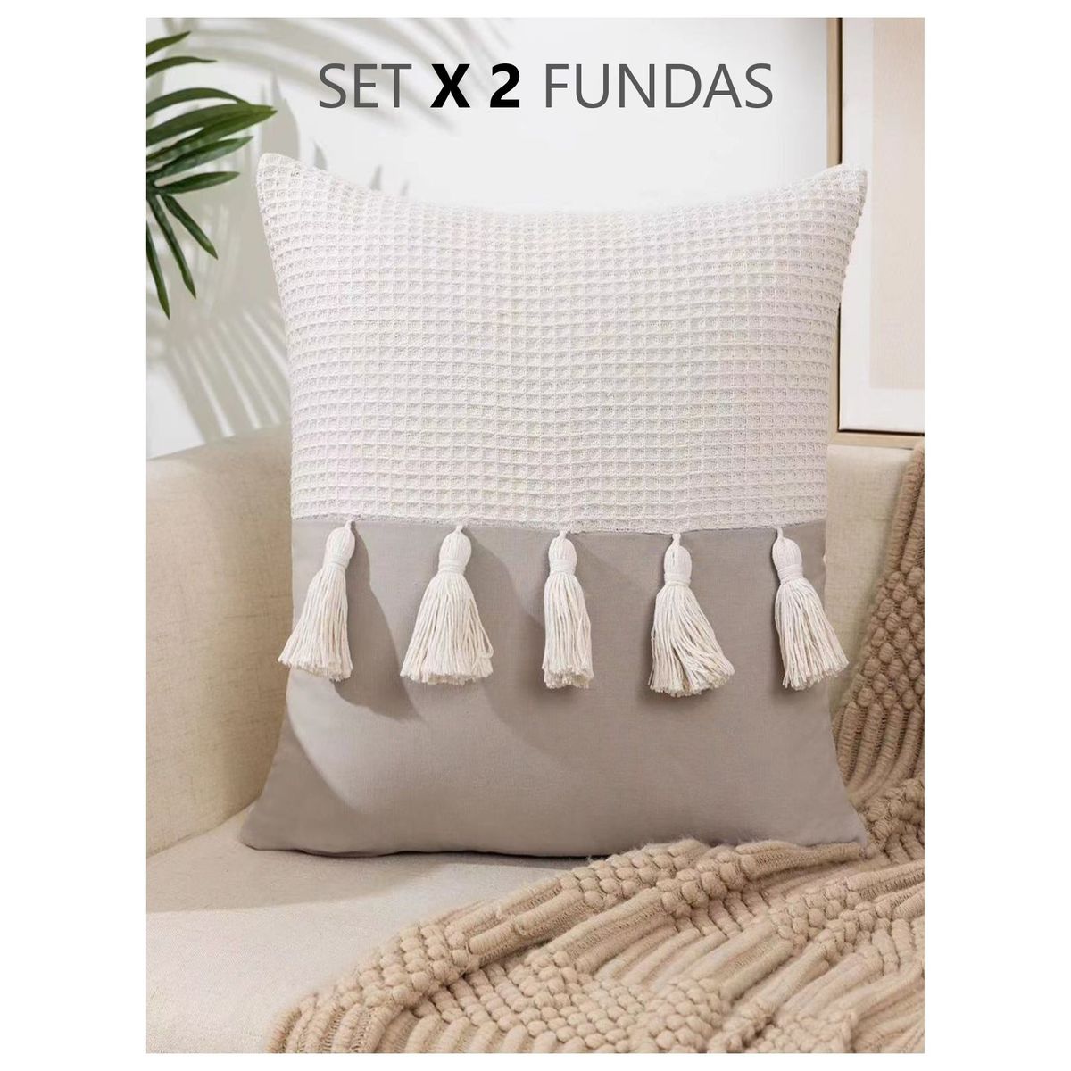 COMPRAPO - Set 2 Fundas Cojín Boho Chic Borlas Gris Perla 45x45 cm