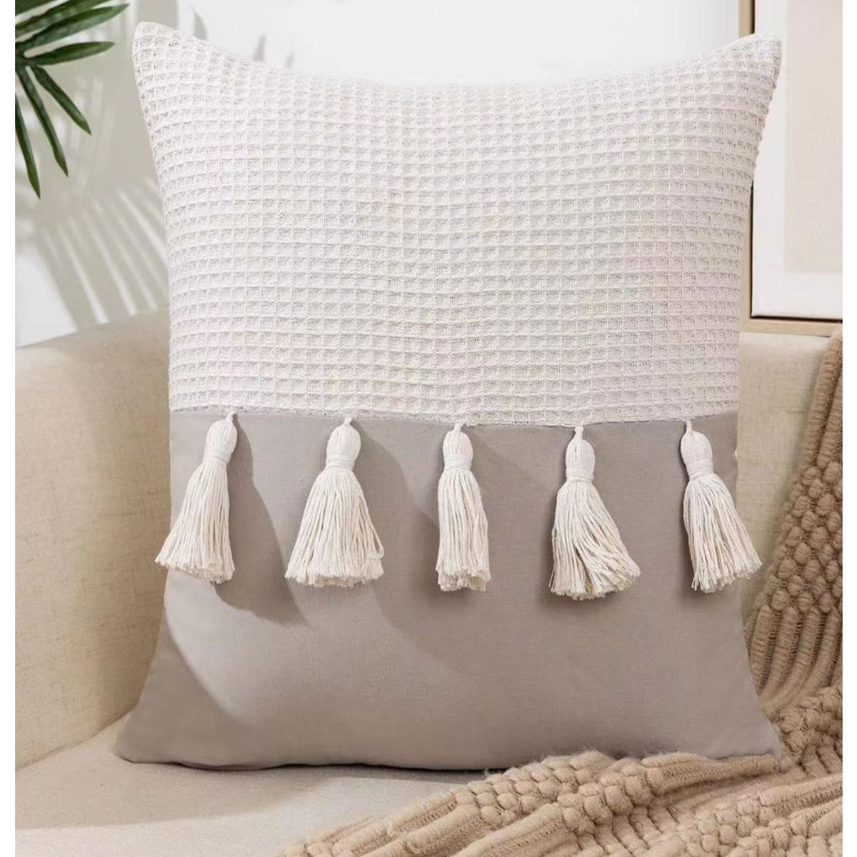 COMPRAPO - Set 2 Fundas Cojín Boho Chic Borlas Gris Perla 45x45 cm