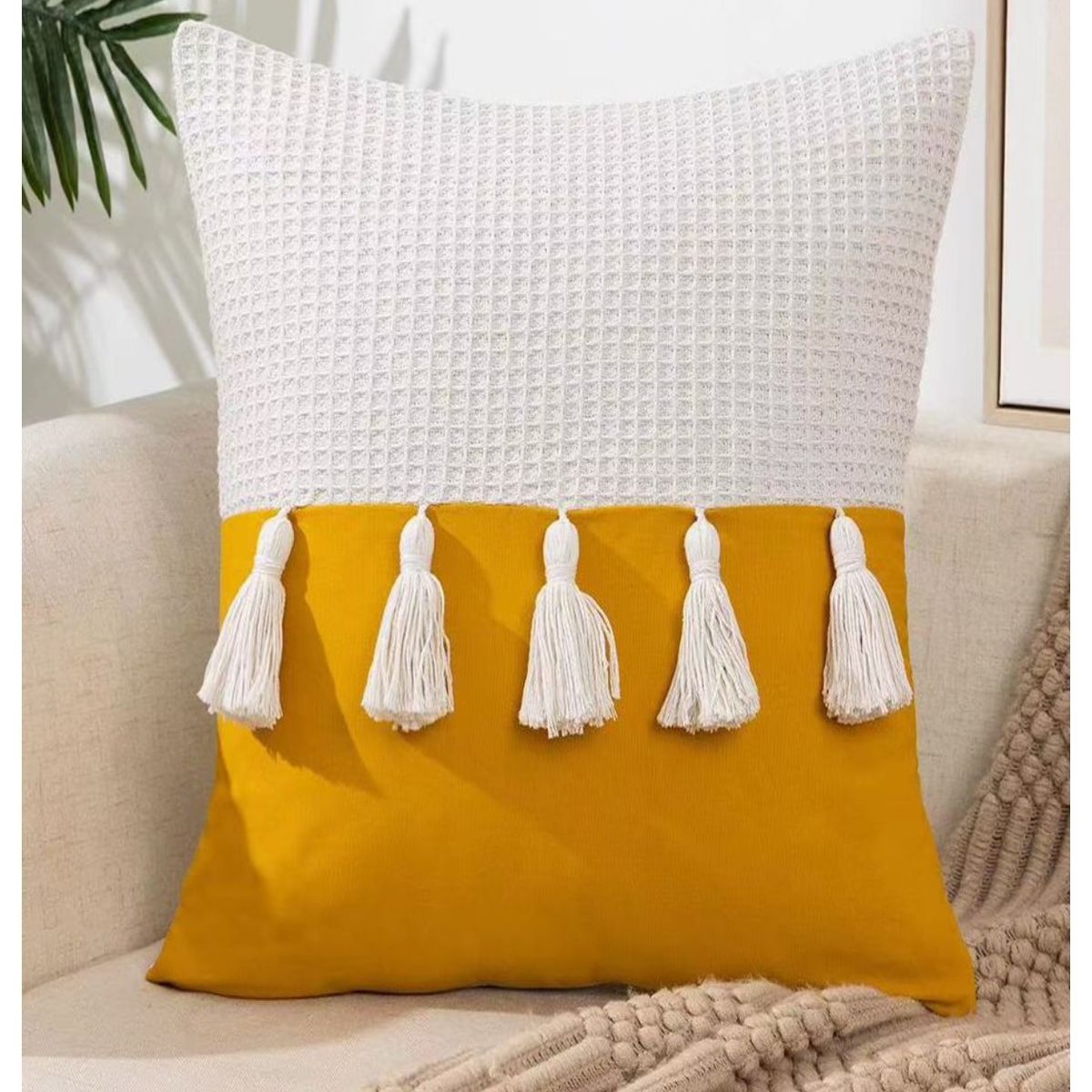 COMPRAPO - Set 2 Fundas Cojín Boho Chic Borlas Amarillo Mostaza 45x45 cm