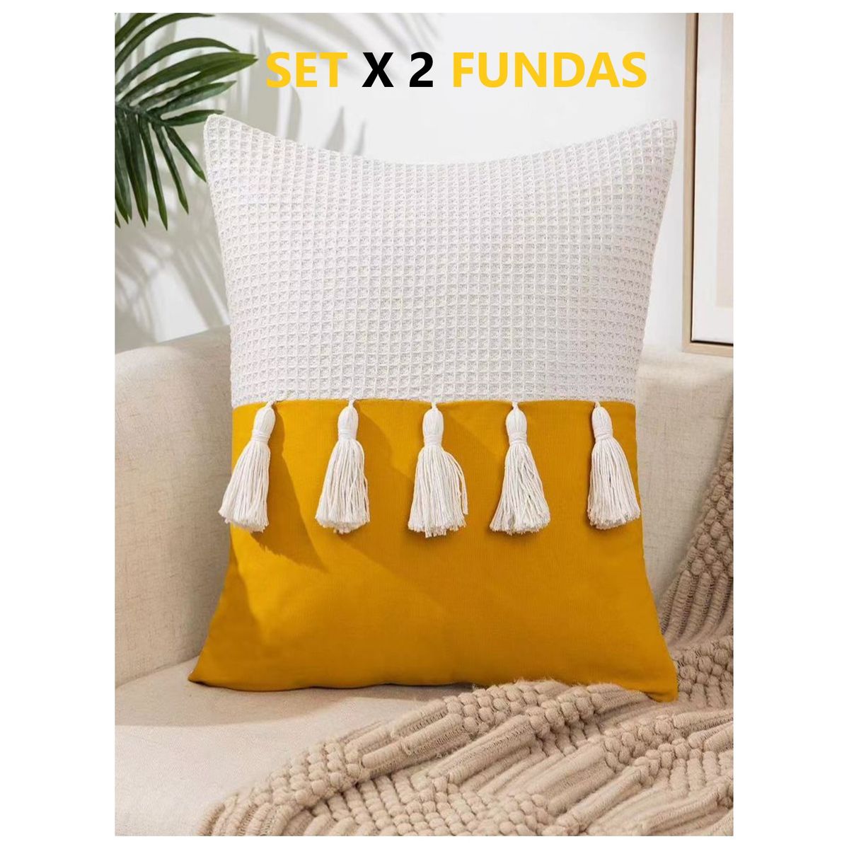 COMPRAPO - Set 2 Fundas Cojín Boho Chic Borlas Amarillo Mostaza 45x45 cm