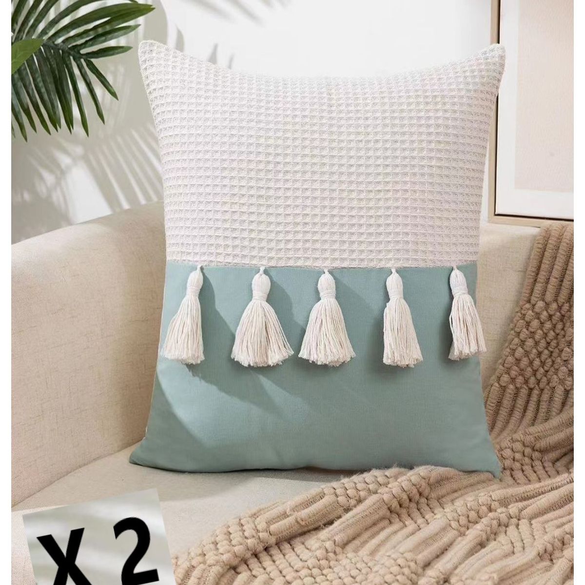 COMPRAPO - Set 2 Fundas Cojín Boho Chic Borlas Verde Menta 45x45 cm