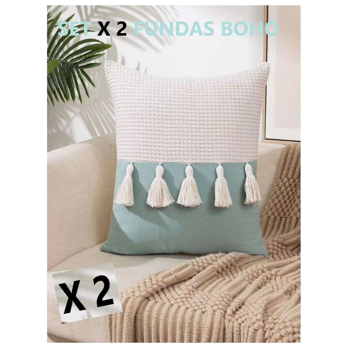 COMPRAPO - Set 2 Fundas Cojín Boho Chic Borlas Verde Menta 45x45 cm