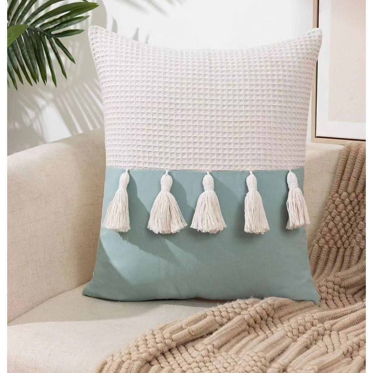 COMPRAPO - Set 2 Fundas Cojín Boho Chic Borlas Verde Menta 45x45 cm