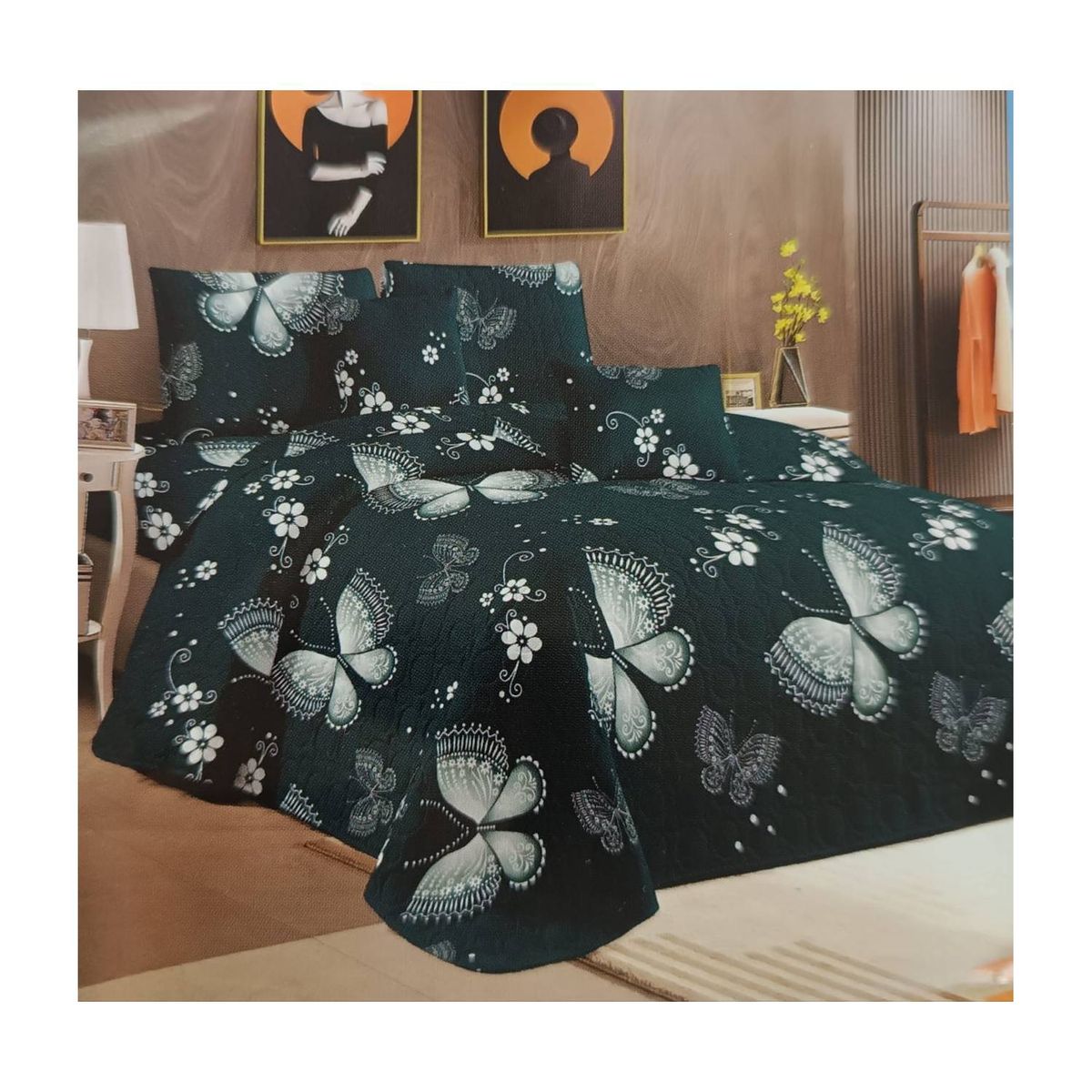 GENERICO - Cubrecama Quilt Verano 2 Plazas - Petróleo Mariposa MEI-5