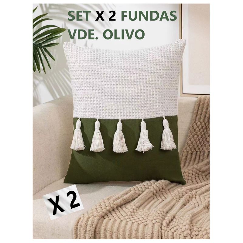 COMPRAPO - Set 2 Fundas Cojín Boho Chic Borlas Verde Olivo 45x45 cm