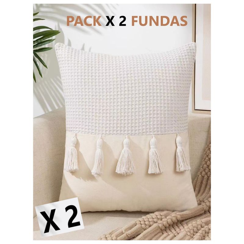 COMPRAPO - Set 2 Fundas Cojín Boho Chic Borlas Crudo 45x45 cm