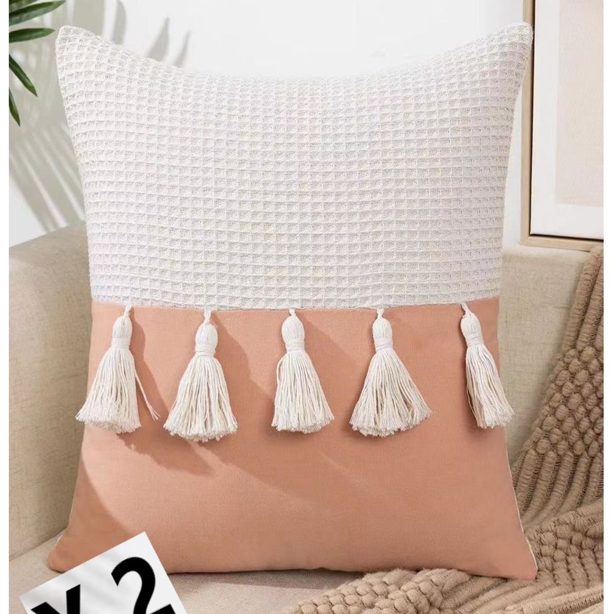 COMPRAPO - Set 2 Fundas Cojín Boho Chic Borlas  Damasco 45x45 cm