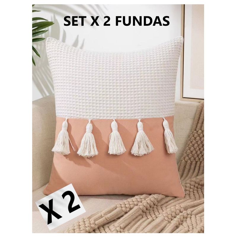 COMPRAPO - Set 2 Fundas Cojín Boho Chic Borlas  Damasco 45x45 cm