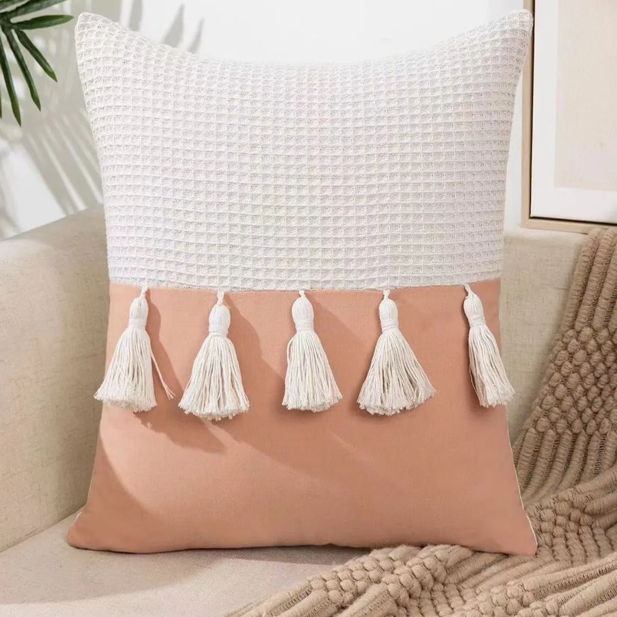 COMPRAPO - Set 2 Fundas Cojín Boho Chic Borlas  Damasco 45x45 cm
