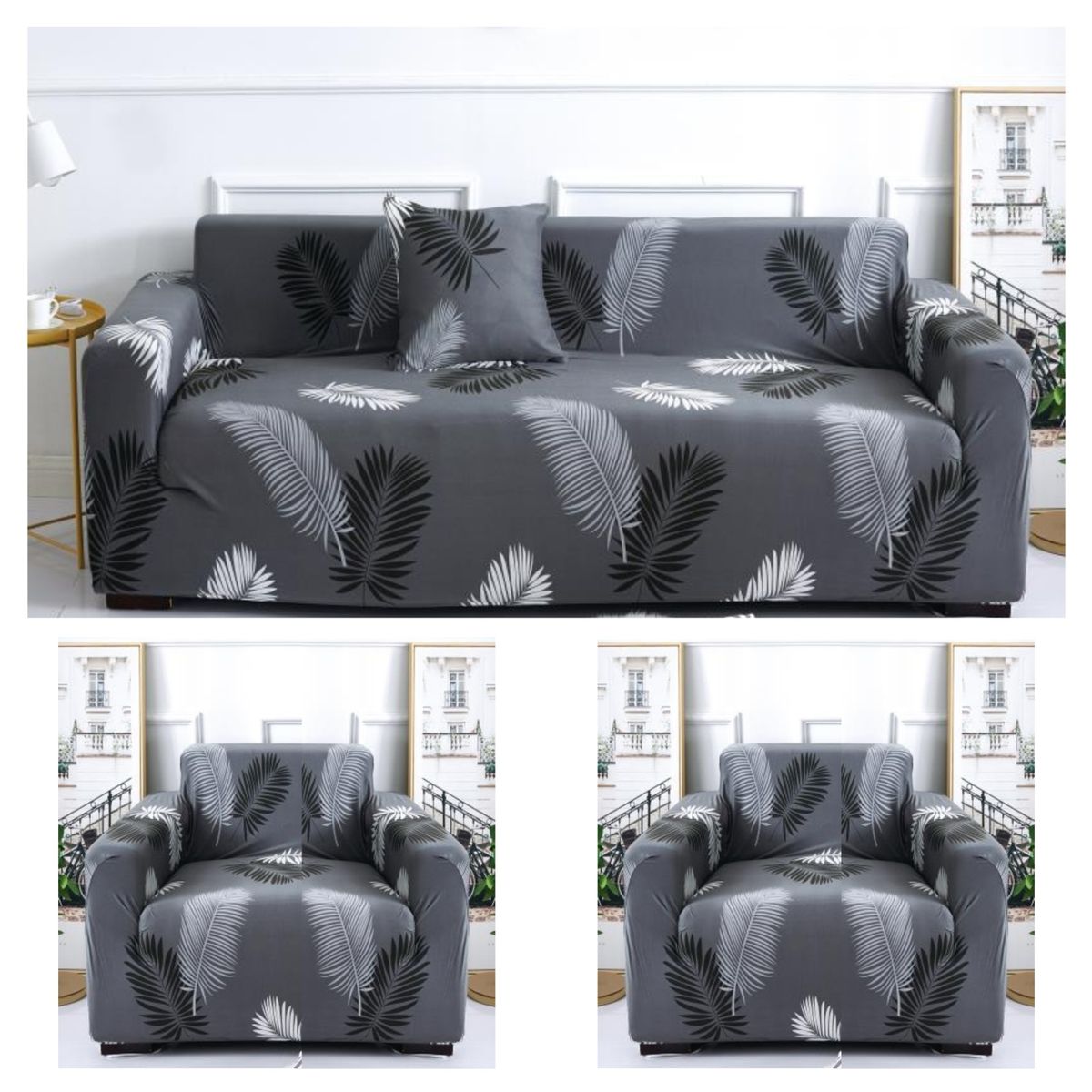 GENERICO - Juego De 3 Fundas Cubre Sillón, Tamaño 3+1+1 gris diseño palma