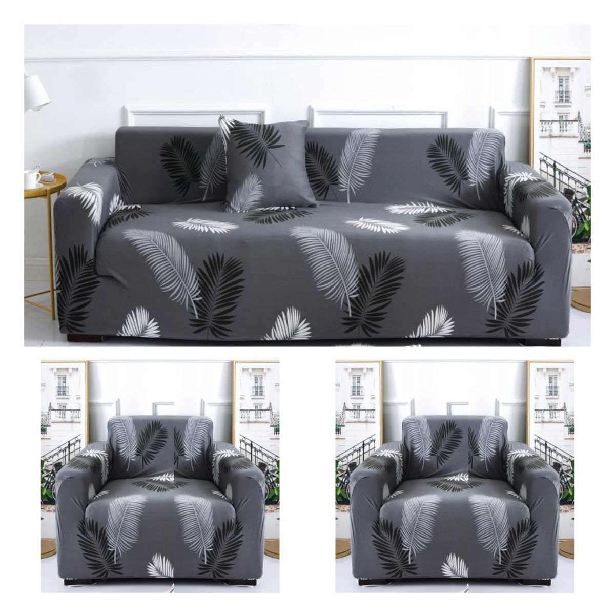 GENERICO - Juego De 3 Fundas Cubre Sillón, Tamaño 3+1+1 gris diseño palma