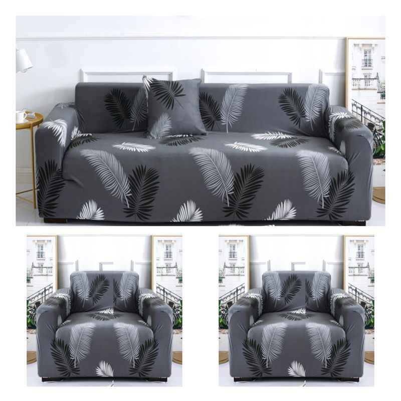 GENERICO - Juego De 3 Fundas Cubre Sillón, Tamaño 3+1+1 gris diseño palma