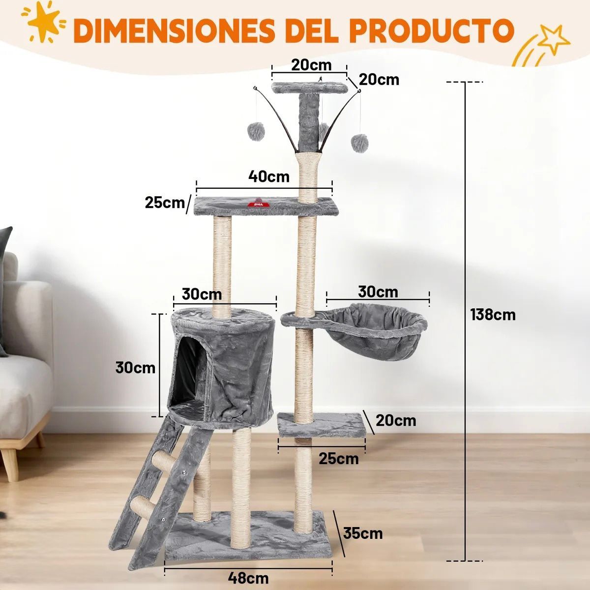 GENERICO - Rascador Torre Arbol Casa De Gato Terciopelo Juguete Gris
