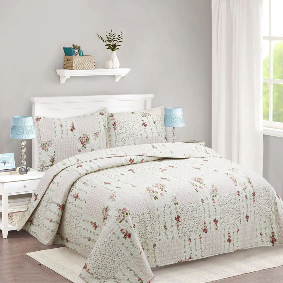 GENERICO - CUBRECAMA 1.5 PLAZA QUILT DE VERANO BEIGE DISEÑODE FLORES feiya