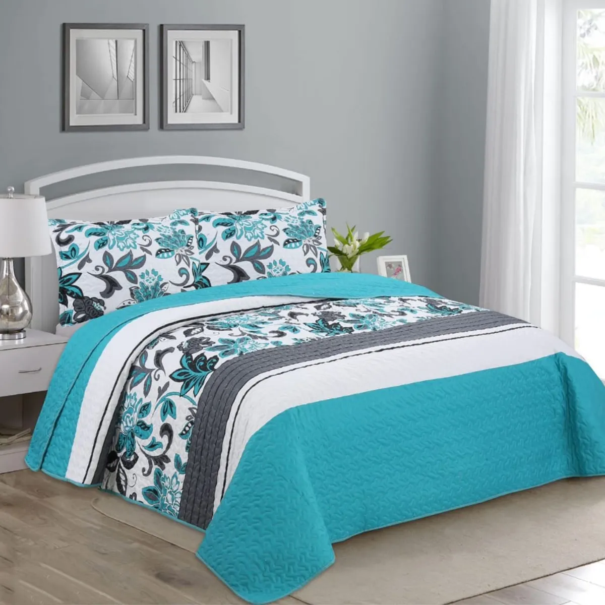 GENERICO - CUBRECAMA 2 PLAZA QUILT DE VERANO TURQUESA CON DISEÑO ESTAMPADO feiya