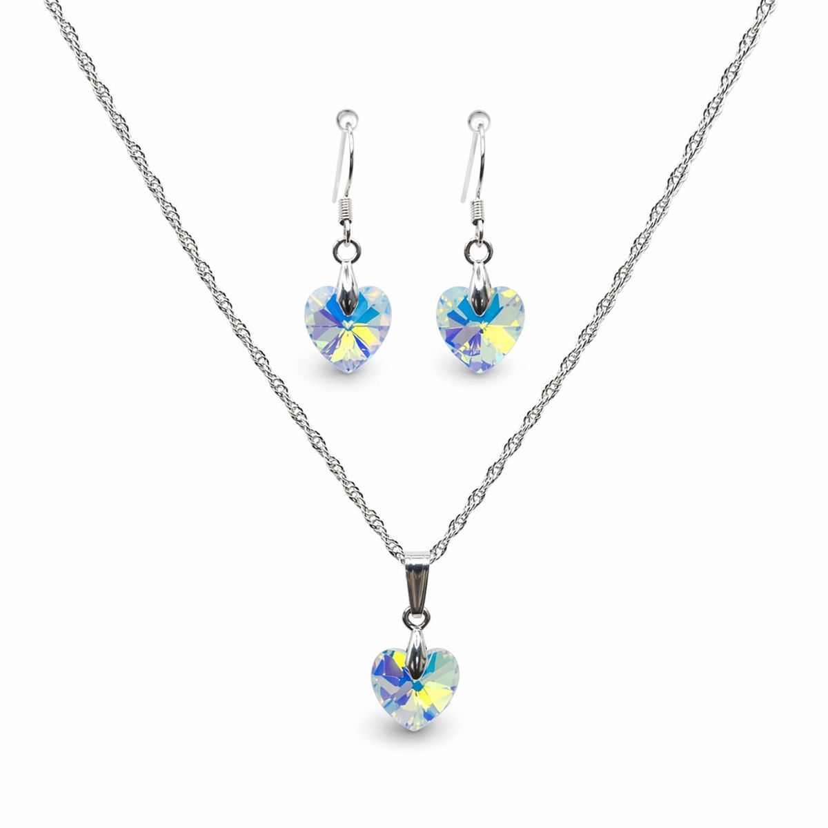 GENERICO - Conjunto Aros Cadena Cristal Corazón tornasol Plata 925 Mas Caja