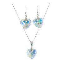 Conjunto Aros Cadena Cristal Corazón tornasol Plata 925 Mas Caja