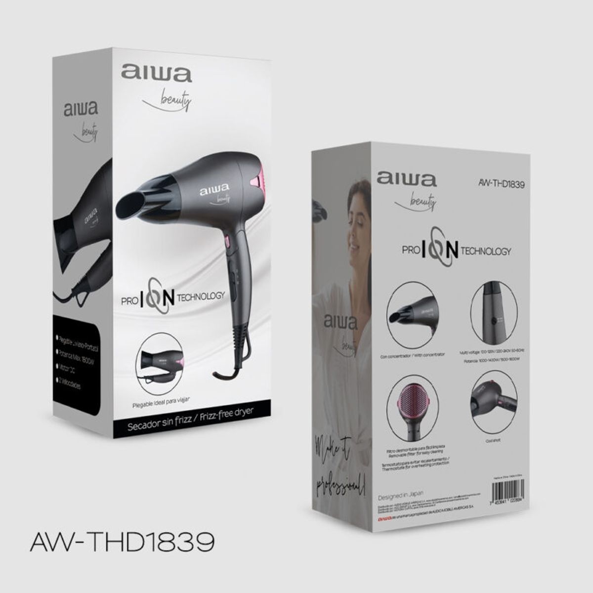 AIWA - Secador De Pelo Plegable Portátil 1800w Seca Sin Frizz Aiwa