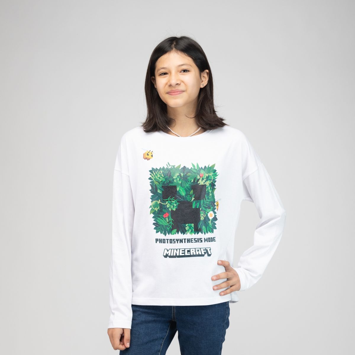 MINECRAFT - Polera Manga Larga Niña Minecraft Abejas Blanco Minecraft
