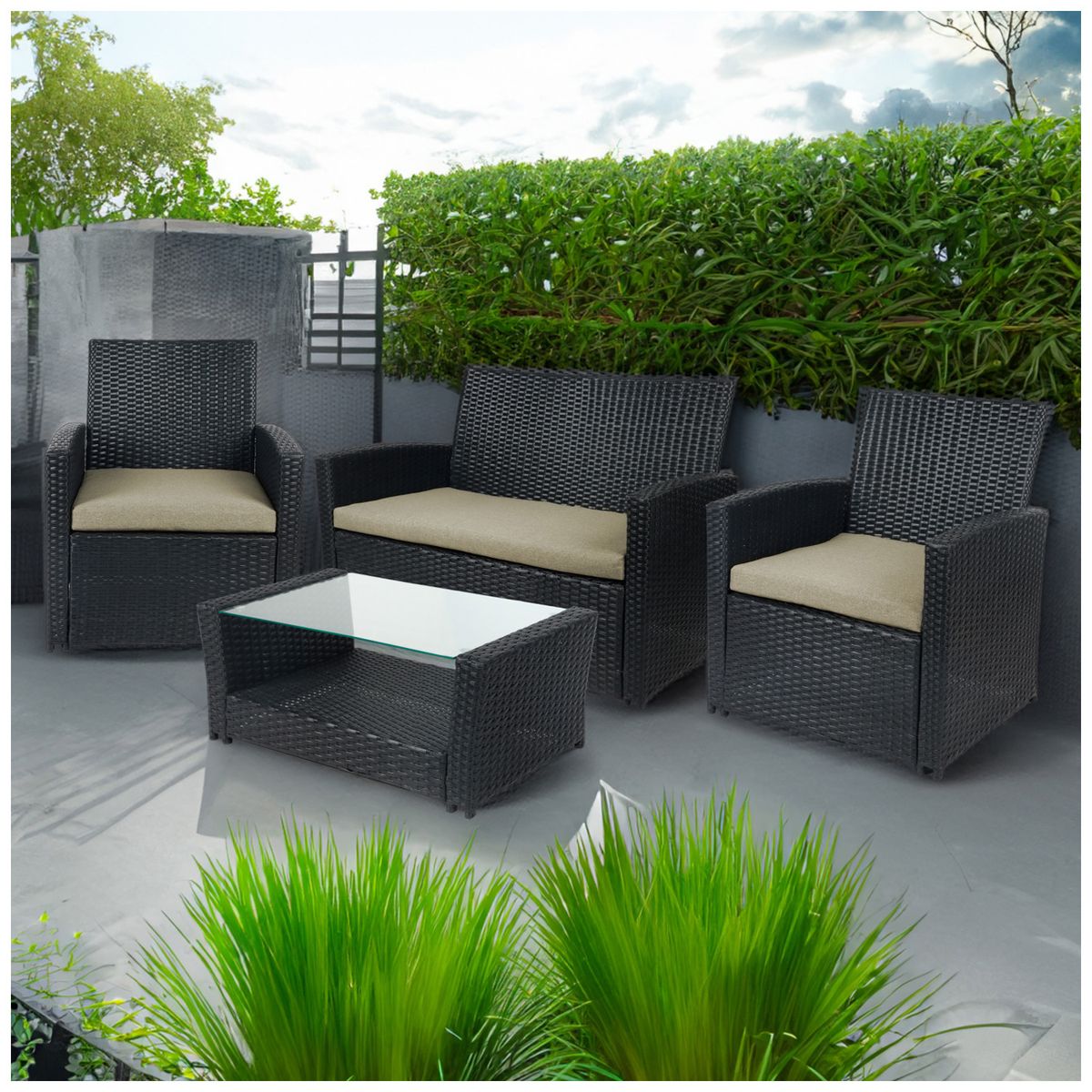 NOVAHUS - Set Terraza 4 Piezas Sorrento Mesa + Sillon Negro